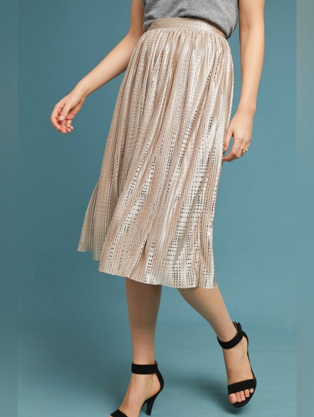 Sabina Musayev Cassia Pleated Midi Skirt Metallic Champagne Satin Sz 6 Art Deco